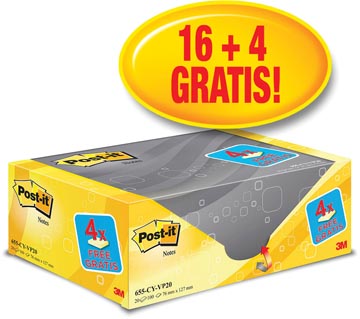POST-NOTES, 100 VEL, ft 76X127mm, GEEL, PAK VAN 16 BLOKKEN + 4 GRATIS