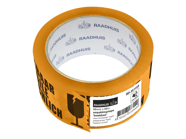 Raadhuis verpakkingstape "breekbaar/fragile", oranje, 50mmx66m