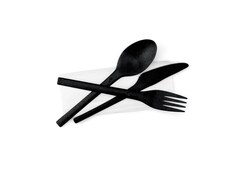 Refork bestekset vork mes lepel zwart met wit servet in papieren zakje, zak à 30 sets