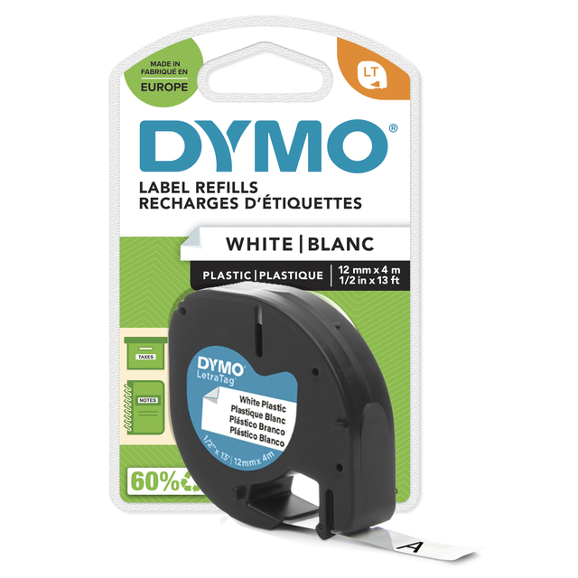Dymo Letratag Tape 12 Mm, Plastic Wit