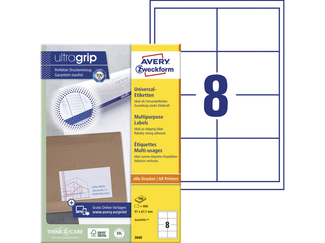 Zweckform Avery 3660, 97X67.7Mm, Wit, 800Stuks, Inkjet-Laser-Kopie