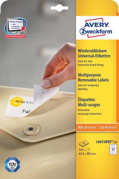 Zweckform Avery Etiket L6023 Rev-25, 63.5X38.1Mm Verwijderbaar, Wit 525 Stuks, Inkjet-Laser-Kopie