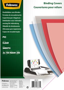 Fellowes Omslagen, Ft A4, Pvc, 200 Micron, Pak Van 100 Stuks, Transparant