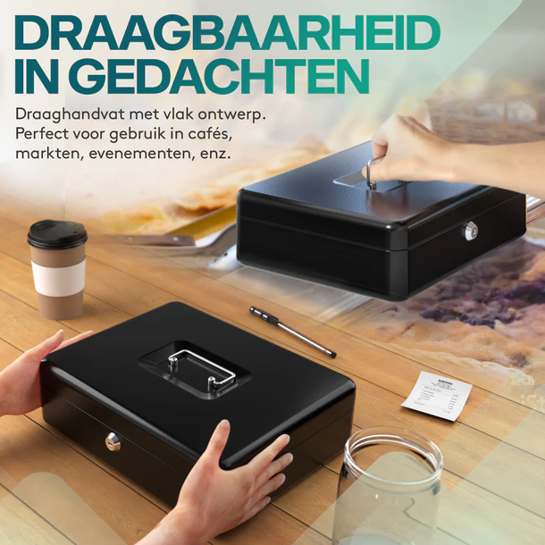 ACROPAQ Geldkistje - Geldkist met sleutel, 30 x 24 x 9 cm, Metaal - Zwart
