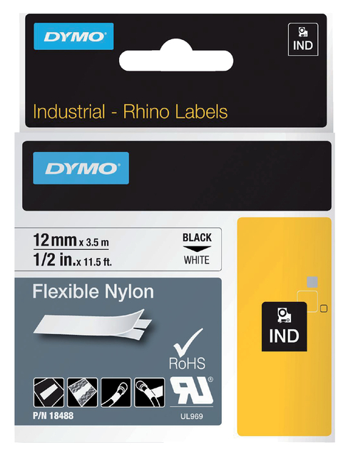 Dymo Rhino Tape Industrieel Nylon (12Mm, Zwart/Wit)