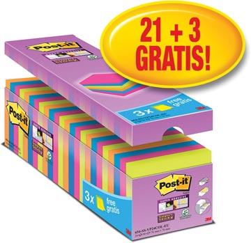 Post-It Super Sticky Notes, 90 Vel, Ft 76 X 76 Mm, Geassorteerde Kleuren, Pak Van 21 Blokken + 3 Gratis