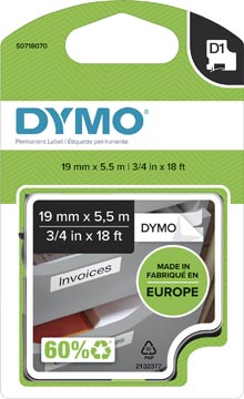 Dymo D1 Permanente Polyestertape (19Mm, Zwart/Wit)