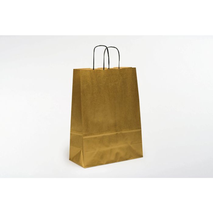 Kraftzak 100Gr (32+14X42Cm, Goud, gelijnd, gedraaide handgrepen, 50 stuks)