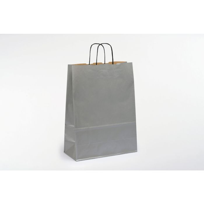 Kraftzak 100GR (32+14X42Cm, Zilver, Gelijnd, gedraaide handgrepen, 50 stuks)