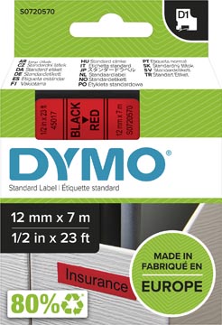 Dymo D1 Tape (12Mmx7M, Zwart-Rood)