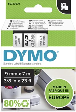 Dymo D1 Tape (9Mmx7M, Zwart/Transparant)