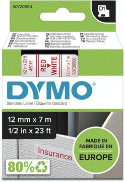 Dymo D1 Tape  (12Mmx7M Rood-Wit)