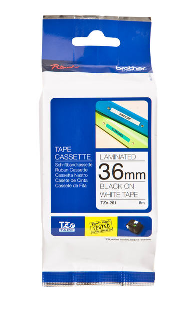 TZE261 BROTHER PT Labeltape 36mm wit zwart 8 meter gelamineerd