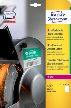Zweckform Avery L7917-10, weervast-ultra resistent etiket,  210x297mm, polyester, wit, 10st, inkjet-laser-kopie