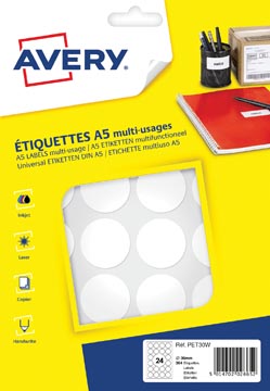 Avery Pet30W Ronde Markeringsetiketten, Dia 30Mm, Blister Van 384St, Wit
