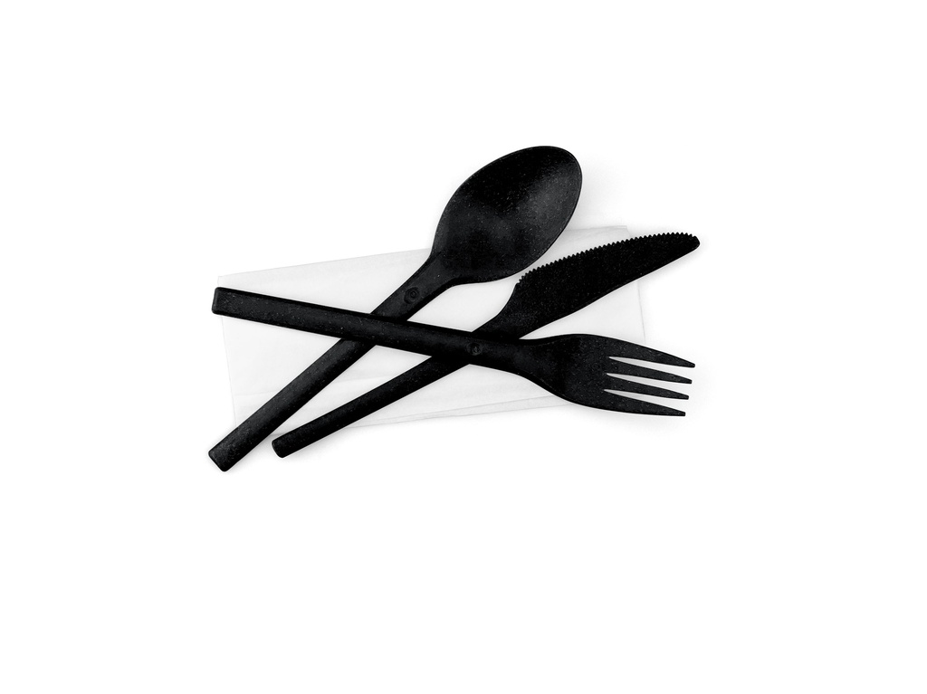 Refork Bestekset Vork Mes Lepel Zwart Met Wit Servet In Papieren Zakje, Zak À 30 Sets