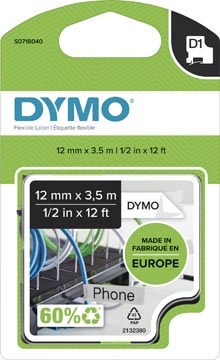 Dymo D1 flexibele nylontape 12 mm, zwart op wit