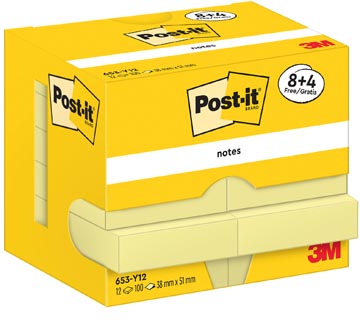 post-it notes, 100 vel, ft 38 x 51 mm, geel, 8 + 4 gratis