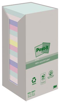 Post-It Recycled Notes Nature, 100 Vel, Ft 76 X 76 Mm, Pak Van 16 Blokken, Geassorteerde Kleuren