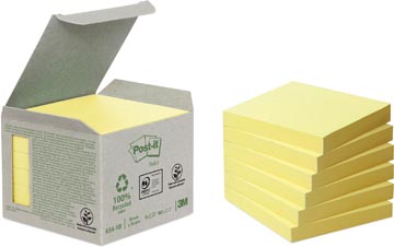 Post-It Recycled Notes, 100 Vel, Ft 76 X 76 Mm, Geel, Pak Van 6 Blokken