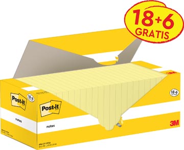 post-it notes, 100 vel, ft 76 x 76 mm, kanariegeel (canary yellow), 18 blokken + 6 gratis