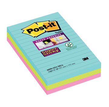 Post-It Super Sticky Notes Xxl Cosmic, 90 Vel, Ft 101 X 152 Mm, Gelijnd, Geassorteerde Kleuren, Pak Van 3