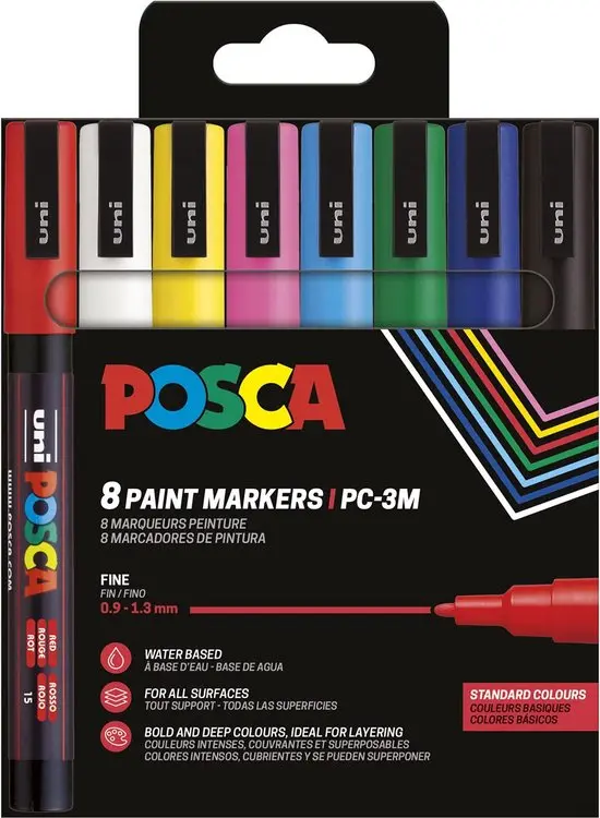 POSCA paintmarker, etui van 8 stuks in geassorteerde basiskleuren,  PC-3M, 1,5 mm