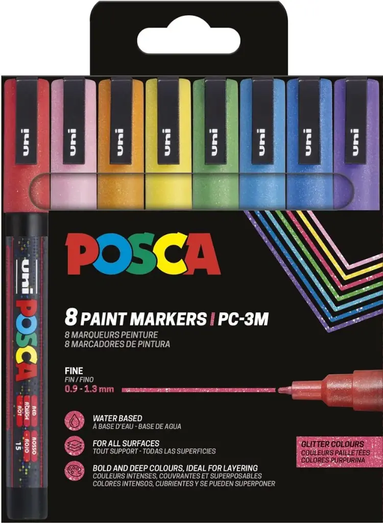 etui pf 8 posca pc3m assortis paillette (j/o/vf/bc/bf/vt/re/re)