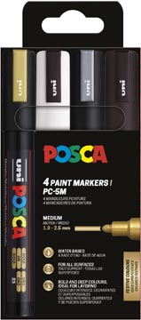 Uni POSCA paintmarker PC-5M, 1,8 - 2,5 mm, etui van 4 stuks goud, wit, zilver en zwart