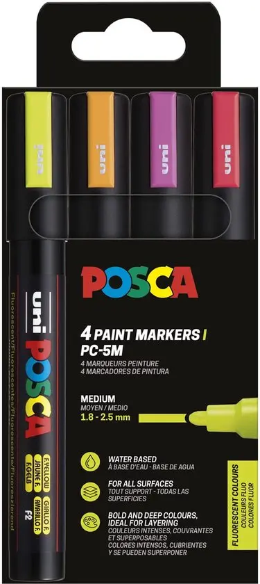 etui pf 4 posca pc5m assortiment (r fluo/re fluo/o fluo/j fluo)