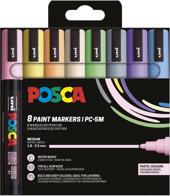 POSCA paintmarker , etui van 8 stuks in pastelkleuren, PC-5M, 1,8 - 2,5 mm