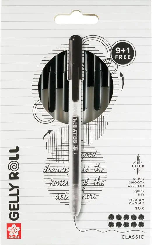 Gelly Roll Classic Gelpennen Met Klikfunctie, 10-Set Zwart (9 + 1 Gratis)