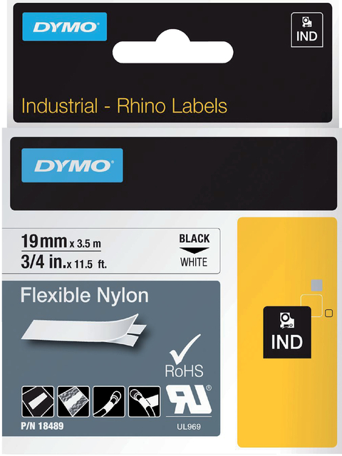 DYMO RHINO TAPE NYLON (19MM, ZWART/ WIT)