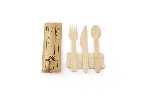 [S60110] bestekset vork mes lepel FSC® hout, servet FSC® papier, in zakje FSC® papier, 100 sets in zak