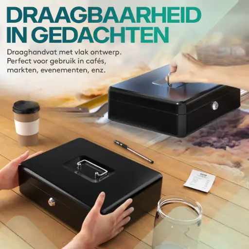 [TS-0015K] ACROPAQ Geldkistje - Geldkist met sleutel, 30 x 24 x 9 cm, Metaal - Zwart