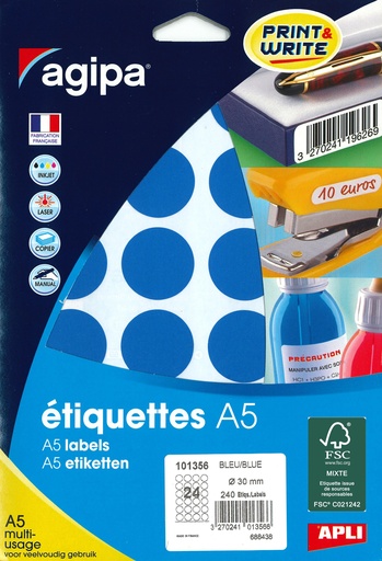 [101356] 240 ronde etiketten dia 30mm (blauw)