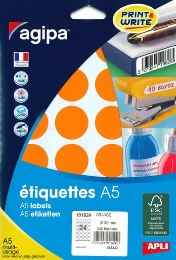 [101824] 240 ronde etiketten dia 30mm (oranje)