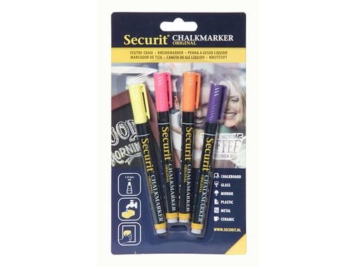 [100ASS4] Securit krijtmarker small, blister met 4 stuks in geassorteerde kleuren