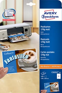 [PC32252-25] Zweckform Avery Briefkaart, 170 G/M², 4 Per Blad, 100 Stuks