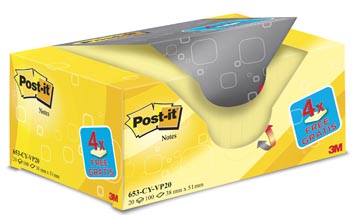 [653Y20] Post-It Notes, Ft 38 X 51 Mm, Geel, Blok Van 100 Vel, Pak Van 16 + 4 Gratis