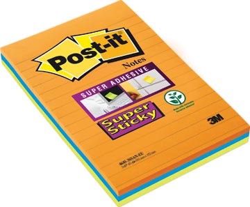[4645-3S] Post-It Super Sticky Notes, 45 blaadjes, ft 102 x 152 mm, geassorteerde kleuren, pak van 3