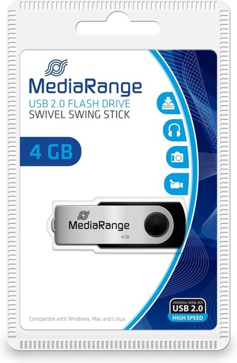 [MR907] Mediarange Flexi Usb Stick - 4Gb,  15Mb/S Usb 2.0 Black-Silver