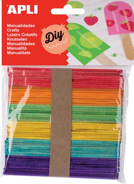 [13064] Apli gekleurde houten sticks, blister met 50 stuks