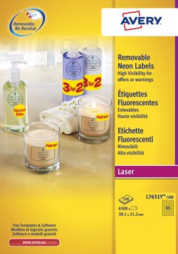 [PL7651Y-100] Zweckform Avery L7651 Y-100, Verwijderbaar Etiket, Laser, 38.1X21.2Mm, Neon Geel, 6500 Stuks