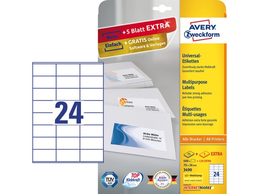[P3490] Zweckform Avery, Universele Etiketten, Permanent Klevend, 70 X 36 Mm, Wit, Inkjet - Laser - Kopieer, 720St