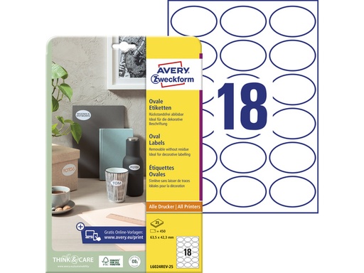 [PL6024REV-25] Zweckform Avery Ovaal Verwijderbaar Etiket Ilk, 63.5X42.3, Np, 450 St, Wit, Inkjet-Laser-Kopie