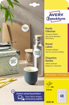 [P6223-10] Avery Etiketten Rond 30Mm Wit Perm.