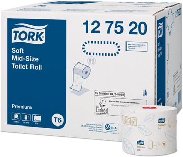 [TORK127520] Toiletpapier - Tork Mid-Size T6 Premium Zacht - Doppenrol - Wit - Cellulose - 2 Laags - 90 M, 27St