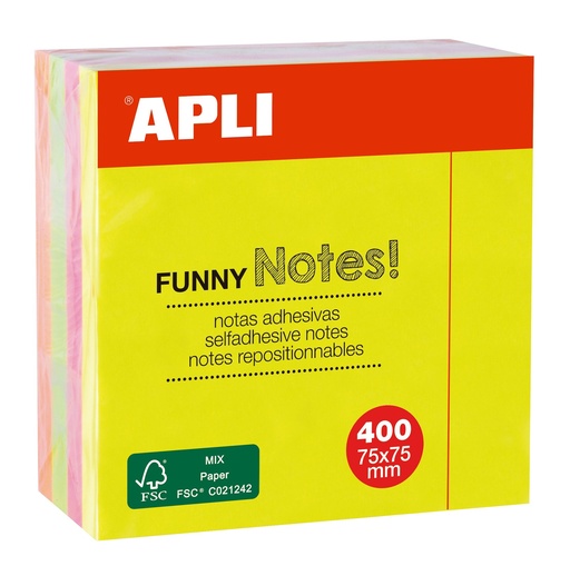 [10974] Adhesive notes FUNNY 75 x 75 mm cube of 400 sheets 4 assorted fluorescent colours
