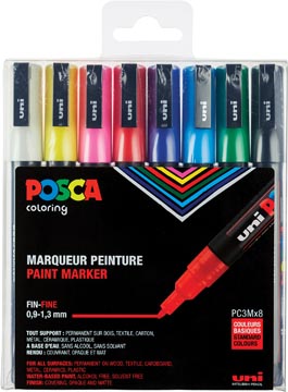 [PC3M/8] SET VAN 8 MARKERS MET CONISCHE PUNT FIJN Wit - Zwart - Rood - Donkerblauw - Geel - Donkergroen - Roze - Lichtblauw